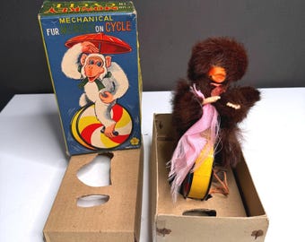 Vintage 1950s ISK Japan Mechanical Fur Monkey on Cycle Tin Toy Working Box Rare