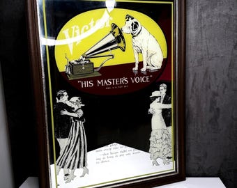 Espejo publicitario vintage Victor His Masters Voice Nipper Dog Victrola RCA Raro