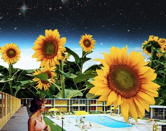 Puede incluir: Una mujer con un traje de baño rosa se encuentra en un balcón con vistas a una piscina. La piscina está rodeada de un césped verde y un motel con un toldo amarillo. La escena se desarrolla sobre un fondo de cielo nocturno estrellado con una gran luna brillante.