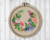 Vintage Wreath 11 Cross Stitch Pattern, Flowers Cross Stitch Pattern, Wild Rose Flower, Flower Wreath, Lilac, Modern Embroidery Flowers