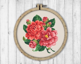 Peonies cross stitch pattern Flower cross stitch PDF Flower hand embroidery design Peony needlework Point de croix Modern cross stitch decor