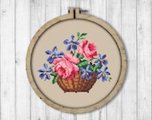 Vintage Violets and Roses Cross Stitch Pattern, Basket of Flowers Cross Stitch Pattern, Berlin Woolwork, Modern Embroidery Flowers