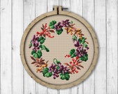 Vintage Violets and Berries Wreath Cross Stitch Pattern, Spring Flowers Cross Stitch Pattern, Violets, Flower, Berry, Berlin Woolwork
