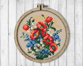 Vintage Bouquet 7 Cross Stitch Pattern, Poppies Cross Stitch Pattern, Berlin Woolwork, Flowers Bouquet, Poppies, Modern Embroidery Flowers