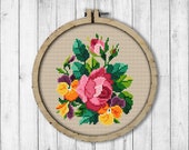 Vintage Flowers 3 Cross Stitch Pattern, Rose Cross Stitch Pattern, Spring Flowers, Pansy, Berlin Woolwork, Modern Embroidery Flowers