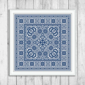 Sampler Cross Stitch Pattern, Carpet Cross Stitch Pattern, Square Embroidery Sampler, Ornament, Pillow, Monochrome, Instant Download PDF