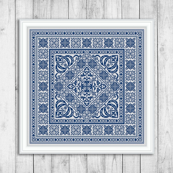 Sampler Cross Stitch Pattern, Carpet Cross Stitch Pattern, Square Embroidery Sampler, Ornament, Pillow, Monochrome, Instant Download PDF