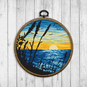 Nature Cross Stitch Pattern, Landscape Cross Stitch Pattern, Modern Cross Stitch Patterns, Sunset, Seascape, Sunrise, Instant Download PDF