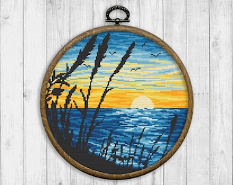Nature Cross Stitch Pattern, Landscape Cross Stitch Pattern, Modern Cross Stitch Patterns, Sunset, Seascape, Sunrise, Instant Download PDF