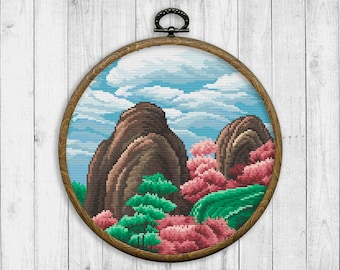 Mountain Landscape Cross Stitch Pattern, Nature Counted Cross Stitch Chart, Forest, Sky, Trees, Clouds, Woods, Modern,  Instant Download PDF