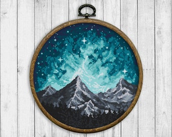 Nature Cross Stitch Pattern, Landscape Cross Stitch Pattern, Mountain, Forest, Starry Sky, Galaxy, Modern Cross Stitch, Instant Download PDF