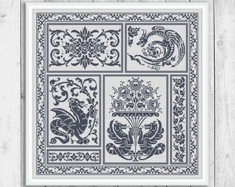Echantillon motif point de croix, motif dragon point de croix, fleurs point de croix, échantillonneur broderie, tapis monochrome, téléchargement immédiat PDF