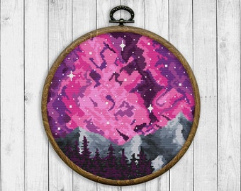 Nature Modern Cross Stitch Pattern, Landscape Counted Cross Stitch Chart, Mountain, Trees, Starry Sky, Night Landscape, Instant Download PDF