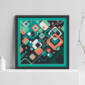 Pode incluir: Impress&atilde;o de arte geom&eacute;trica abstrata com fundo preto e quadrados e ret&acirc;ngulos coloridos em tons de verde, turquesa, branco e laranja. A impress&atilde;o &eacute; emoldurada em uma moldura preta com um passe-partout turquesa.
