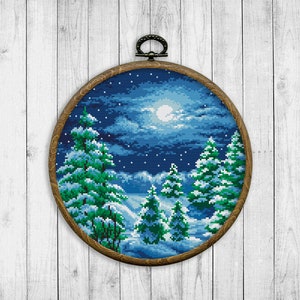 Winter Landscape Cross Stitch Pattern Nature Counted Cross Stitch Chart Moon Christmas Tree Holidays Starry Sky Snow Instant Download PDF
