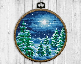 Winter Landscape Cross Stitch Pattern Nature Counted Cross Stitch Chart Moon Christmas Tree Holidays Starry Sky Snow Instant Download PDF