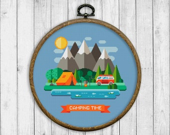 Landscape Modern Cross Stitch Pattern, Camping Cross Stitch Pattern, Nature Cross Stitch Pattern, Mountain, River, Trees, Needlepoint Chart