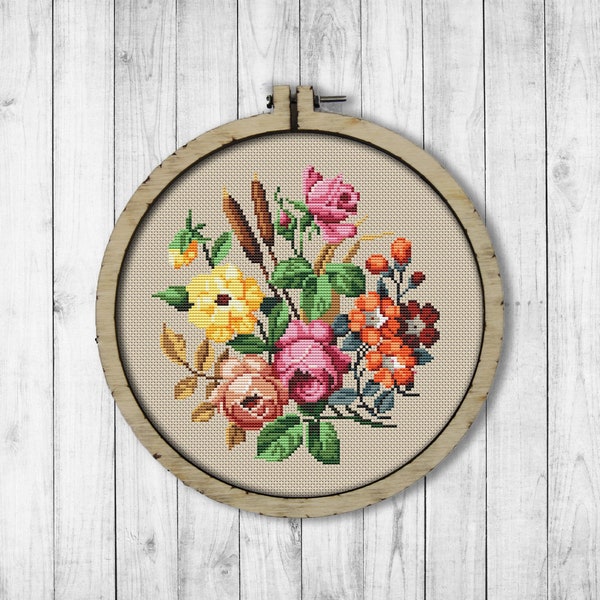 Vintage Bouquet Cross Stitch Pattern, Flowers Cross Stitch Pattern, Vintage Flowers, Flowers Bouquet, Modern Embroidery Flowers, Home Decor