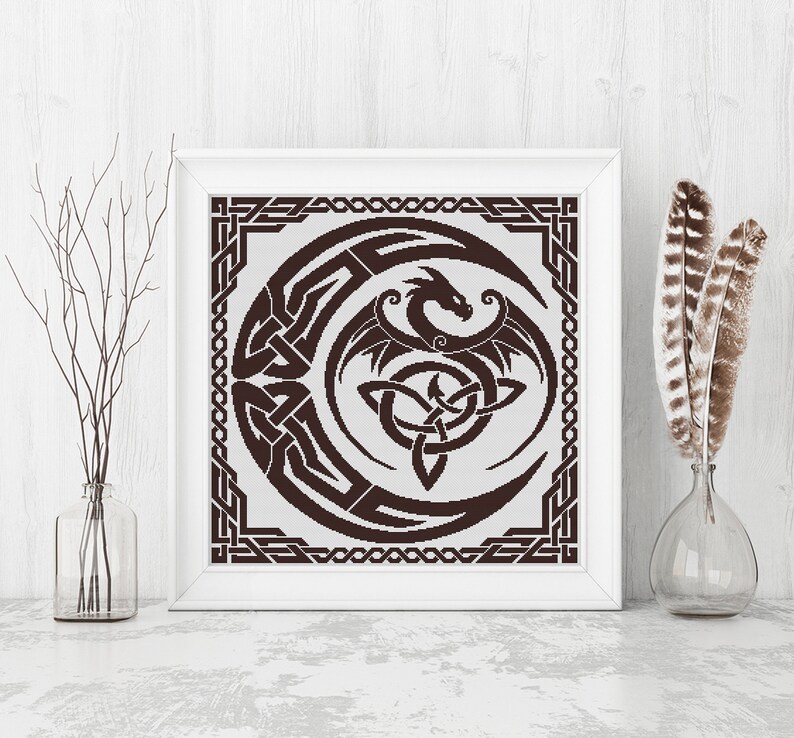 Dragon Cross Stitch Pattern, Sampler Cross Stitch Pattern, Celtic Cross Stitch, Moon, Modern Cross Stitch, Monochrome, Instant Download PDF image 6