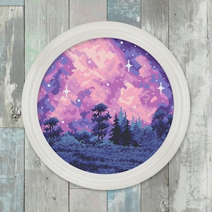 Nature Cross Stitch Pattern, Modern Cross Stitch Pattern, Landscape Cross Stitch Patterns, Northern Lights Cross Stitch, Galaxy, Starry Sky image 7