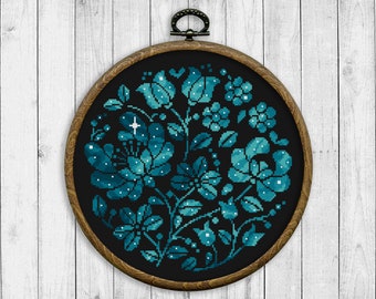Flowers Cross Stitch Pattern, Nature Cross Stitch Pattern, Floral Modern Cross Stitch Pattern, Starry Sky, Galaxy, Instant Download PDF
