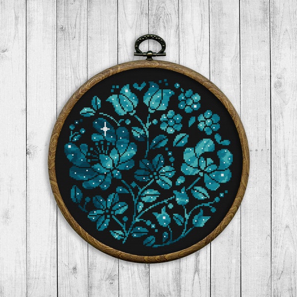 Flowers Cross Stitch Pattern, Nature Cross Stitch Pattern, Floral Modern Cross Stitch Pattern, Starry Sky, Galaxy, Instant Download PDF