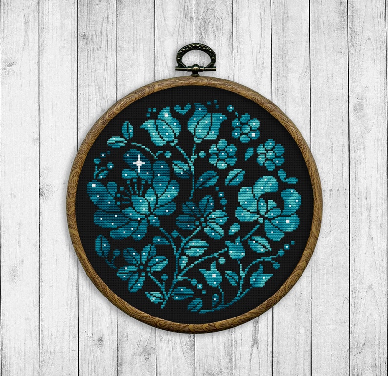 Flowers Cross Stitch Pattern, Nature Cross Stitch Pattern, Floral Modern Cross Stitch Pattern, Starry Sky, Galaxy, Instant Download PDF 