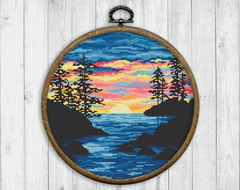 Nature Cross Stitch Pattern, Modern Cross Stitch Pattern, Sunset Cross Stitch Pattern, Mountain Landscape, Tree, River, Instant Download PDF