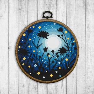 Nature Cross Stitch Pattern, Flowers Counted Cross Stitch Chart, Floral, Fireflies, Starry Sky, Plants, Galaxy, Moon, Instant Download PDF