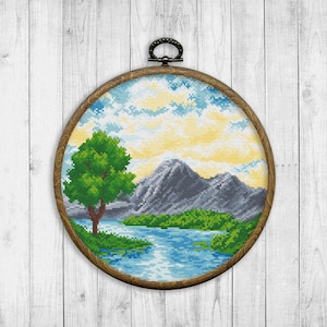 Nature Cross Stitch Pattern, Modern Cross Stitch Pattern, Sunset Cross Stitch Pattern, Mountain, River, Landscape, Tree, Water, Sunrise