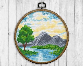 Patrón de punto de cruz de la naturaleza, patrón de punto de cruz moderno, patrón de punto de cruz del atardecer, montaña, río, paisaje, árbol, agua, amanecer