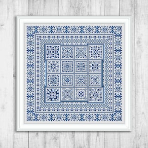 Patrón de punto de cruz de muestra, gráfico de punto de cruz contado de alfombras, cuadrados, muestra de bordado, almohada, monocromo, descarga instantánea de PDF