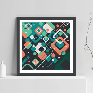Pode incluir: Impress&atilde;o de arte geom&eacute;trica abstrata com fundo preto e quadrados e ret&acirc;ngulos coloridos em tons de verde, turquesa, branco e laranja.