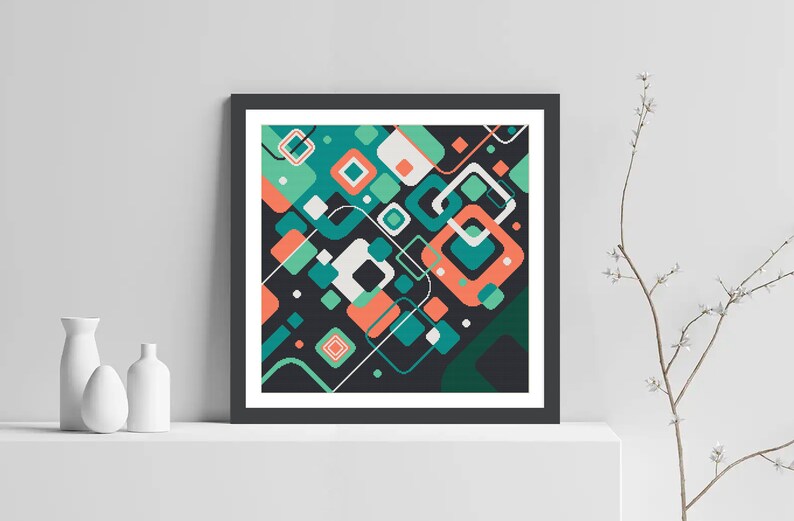 Pode incluir: Impress&atilde;o de arte geom&eacute;trica abstrata com fundo preto e quadrados e ret&acirc;ngulos coloridos em tons de verde, turquesa, branco e laranja.