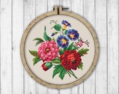 Modern Cross Stitch Pattern, Flowers Cross Stitch Pattern, Peony Cross Stitch Pattern, Morning Glory Cross Stitch Chart, Flower Bouquet 1