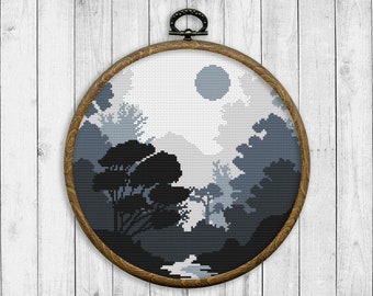 Landschap Modern Cross Stitch Patroon, Natuur Cross Stitch Chart, Berg, Bos, Rivier, Bomen, Monochroom Landschap, Instant Download PDF