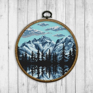 Cross Stitch Pattern Landscape, Nature Cross Stitch Chart, Forest, Lake, Mountain, Tree, Woodland, Landscape, Clouds, Digital Format - PDF