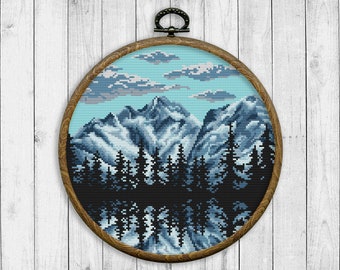 Cross Stitch Pattern Landscape, Nature Cross Stitch Chart, Forest, Lake, Mountain, Tree, Woodland, Landscape, Clouds, Digital Format - PDF
