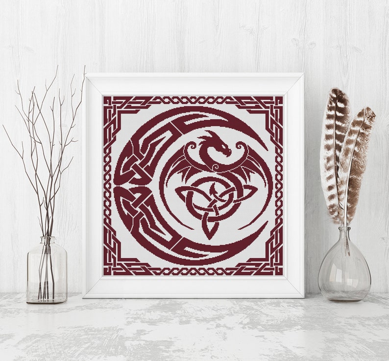 Dragon Cross Stitch Pattern, Sampler Cross Stitch Pattern, Celtic Cross Stitch, Moon, Modern Cross Stitch, Monochrome, Instant Download PDF image 2