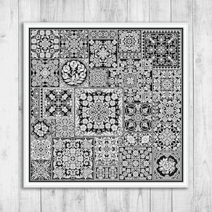 May include: Black and white geometric pattern with a repeating design of squares and floral motifs. The pattern is made up of a variety of different shapes and sizes.