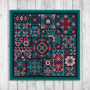Schema punto croce campionatore, schema punto croce moderno, campionatore ricamo piastrelle, schemi punto croce, punto croce mosaico colorato