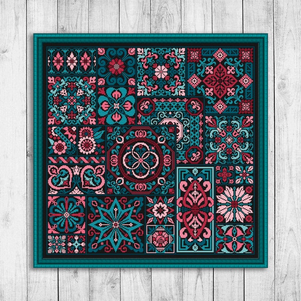 Sampler Cross Stitch Pattern, Modern Cross Stitch Pattern, Tile Embroidery Sampler, Cross Stitch Patterns, Colorful Mosaic Cross Stitch
