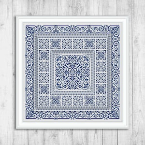 Patrón de punto de cruz de muestrario, gráfico de punto de cruz contado de alfombra, adorno, muestrario de bordado, almohada, monocromo, descarga instantánea en PDF