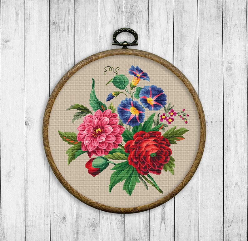 Flower Bouquet 4 Modern Cross Stitch Pattern PDF, Nature Cross Stitch Pattern, Embroidery Flower Peony, Morning Glory Cross Stitch Chart image 4