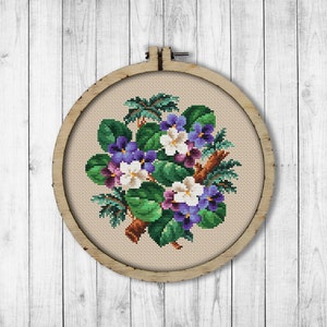 Vintage Violets # 1 Cross Stitch Pattern, Spring Flowers Cross Stitch Pattern, Flower, Violets, Berlin Woolwork, Modern Embroidery Flowers