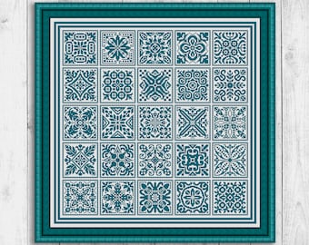 Sampler Cross Stitch Pattern, Modern Cross Stitch Pattern, Twenty Five Squares Embroidery Sampler, Carpet Cross Stitch, Instant Download PDF