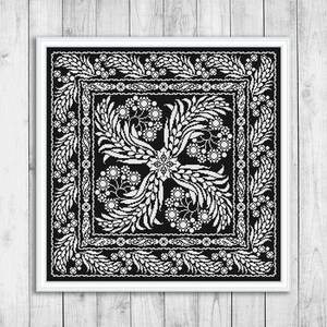 May include: Black and white cross-stitch pattern with a floral design. The pattern features a central motif of four stylized flowers with leaves and a border of repeating floral elements.