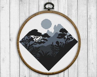 Paysage moderne Cross Stitch Pattern, Nature compté Cross Stitch Chart, Mountain, Forest, Tree, Monochrome Landscape, Instant Download PDF