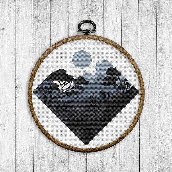 Landscape Modern Cross Stitch Pattern, Nature Counted Cross Stitch Chart, Mountain, Forest, Tree, Monochrome Landscape, Instant Download PDF