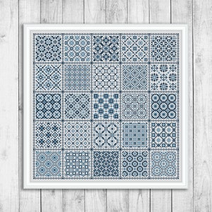 Patrón de punto de cruz sampler, patrón de punto de cruz de adorno cuadrado, alfombra, muestreador de bordado, almohada, monocromo, descarga instantánea PDF